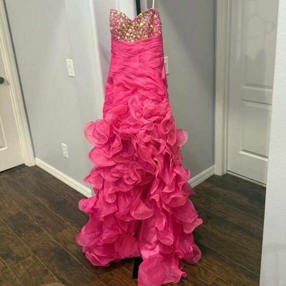 Camille La Vie Mermaid Hot Pink Strapless Embellished Gown Prom Pageant Size 10 - Picture 1 of 4